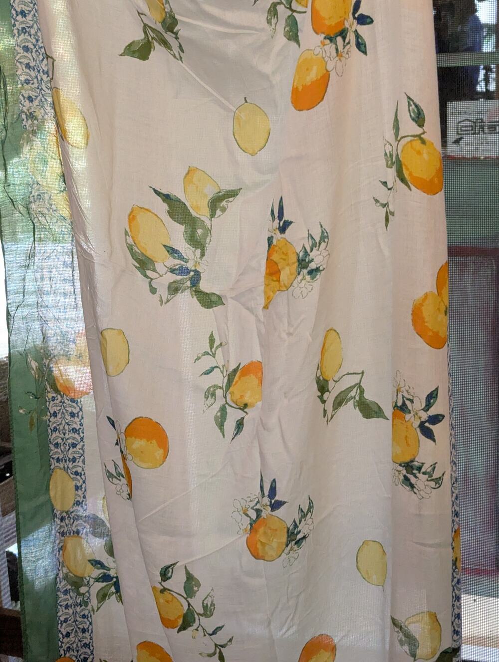 Lemon and orange patterned lightweight fringed cotton scarf